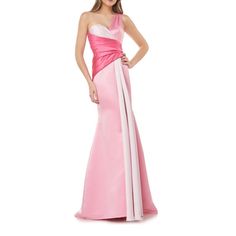 New With Tag Carmen Marc Valvo Infusion One-Shoulder Satin Mermaid Gown Color: Pink (Different Shades Of Pink) Size: 10 Approx Measurements Laying Flat Armpit To Armpit: 17” Waist: 15” Front Length: 62” Back Length: 64” One Shoulder Color Block A Trio Of Colors Folded Pleats Mermaid Style Sweetheart Neckline A Slight Train Hidden Side-Zip Closure One-Shoulder Neck Sleeveless Floor-Length Mermaid Skirt With Train Lined 100% Polyester Dry Clean P5-2 11-2 1 B-7 Pink One-shoulder Gown With Fitted Bodice, Pink One-shoulder Gown, Satin Mermaid Gown, Casual Dresses For School, Dresses For School, Pink Pictures, Carmen Marc Valvo Dress, Spring Dance, Blush Gown