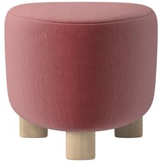 a small stool with wooden legs and a pink fabric cover on the top, in front of a white background