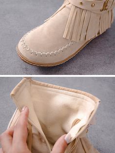 Vintage Fringe Studded Flat Round Toe Buckle Booties, Black / US 4.5 Comfortable Beige Round Toe Moccasins, Elegant Beige Round Toe Moccasins, Casual Fringe Boots With Round Toe, Vintage Fringe, Buckle Booties, Studded Flats, Moccasin Boots, Brown Beige, Chukka Boots