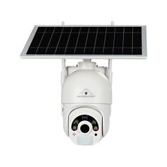 a white security camera with a solar panel on top