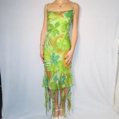 Y2k Silk Jadore Green Leafy Midi Dress Green Multi Floral And Leaf Print Silk Chiffon Layered Midi Dress Green Beaded Accessory Attached Has A Brooch On The End So Can Be Pinned As A Necklace Or However U Want Labeled Size 40 But Fits A 0-4 #Dress#Y2k#Mididress#Silk#Gown Multicolor Y2k Style Dresses For Spring, Green Y2k Style Summer Dress, Baddie Dresses, Midi Dress Green, Dress Y2k, Multi Dress, Silk Gown, Green Midi Dress, Leaf Print