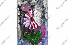 a painting of a pink flower with green leaves