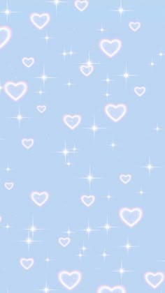 many hearts are flying in the sky with stars around them on a pastel blue background