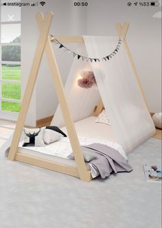 a bed with a white canopy over it and a cat laying on the floor next to it