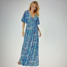 Lilly Pulitzer Minka Maxi Dress In Blue Grotto New With The Tag Size 10 Non-Smoking Home Blue Lined Maxi Dress, Blue Lined Maxi Dress For Beach, Blue Lined Maxi Dress For The Beach, Blue Printed Maxi Dress, Elegant Blue Printed Maxi Dress, Blue Short Sleeve Maxi Dress For Vacation, Flowy Blue Lined Dress, Lilly Pulitzer Maxi Dress, Blue Grotto