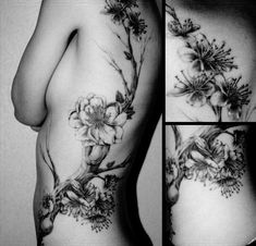 the back of a woman's body with flowers and leaves on her side, in black and white