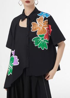 Elegant Black Asymmetrical Print Patchwork Cotton Shirts Short Sleeve Special Outfits, Sashiko Embroidery, Loose Tank Tops, Shirts Short Sleeve, Suits Design, Embroidery Suits Design, Comfortable Room, Embroidery Suits