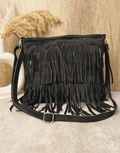 Soft Real Suede Leather Black Fringe Tassel Crossbody Bag/ Suede Leather Black Shoulder bag Fringe bags/ Black Suede Bags Gifts for her Zipper closure on top  2 fringed layers design  Back zipped pocket  Internal zipped pocket  Silver tone metal hardware  Fully lined inside  Soft Real Suede Leather  Handle drop: 60cm  Dimensions: H30cm x W32cm x D4cm Black Rectangular Bag With Fringe, Black Travel Shoulder Bag With Tassels, Black Fringe Shoulder Bag For Travel, Black Tassel Crossbody Bag, Black Bags With Tassels For Everyday Use, Black Tasseled Hobo Bag, Black Tassel Bag For Everyday Use, Black Hobo Bag With Fringe For Daily Use, Black Fringe Hobo Bag For Daily Use