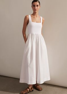 With the ease of a tank top and the polish of a cotton skirt, ME+EM's White Mixed Media Square Neck Maxi Dress is granted styling versatility and dawn-to-dusk adaptability. Shop now. Spring Daywear Dress With Relaxed Skirt, Summer Maxi Dress For Daywear With Relaxed Skirt, Relaxed Skirt Spring Dresses For Daywear, Cotton Maxi Dress With Square Neck For Daywear, White Dress With Relaxed Skirt For Daywear, Spring Cotton Maxi Dress With Relaxed Skirt, Fitted Everyday Summer Dresses, Chic Cotton Maxi Dress For Daytime, Fitted Summer Dresses For Everyday Wear