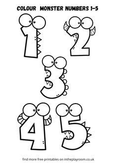 the number five coloring page for children to color with numbers 1 - 5 and monsters