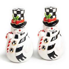 two ceramic snowmen wearing hats and scarves