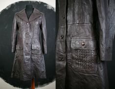 "This is a very beautiful leather coat, made in the eighties. The coat has a nice fitted cut, it is made of a brown leather, lined, the buttons are secured. The best part what makes this coat fashionable are the pockets and collar, which are made of woven leather stripes, in the style of Botega Venetta. The coat is elegant and will last for years. A nice addition to your retro and bohemian look! MAKE: Columbus Ohio, Made in Korea CONDITION: Excellent COMPOSITION: 100% leather MEASUREMENTS:  The mannequin is size S. The measurements are taken lying flat and then doubled. Bust: 93cm/36.5\" Waist: 85cm/33\" Length: 98cm/38.5\" Sleeve: 57cm/22.5\"   All our items are preloved vintage and retro items, unless stated differently. Questions are always welcome! Have a look at my other items in my s Elegant Brown Leather Jacket With Pockets, Bohemian Leather Outerwear For Winter, Bohemian Leather Winter Outerwear, Brown Bohemian Leather Jacket For Fall, Bohemian Brown Leather Jacket For Fall, Bohemian Brown Leather Jacket For Winter, Retro Items, Style Winter, Bohemian Look