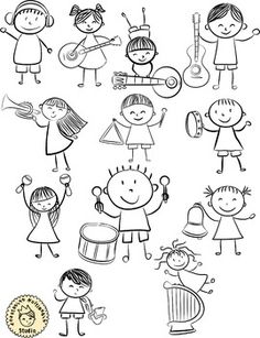 children playing musical instruments and dancing around the world, hand drawn doodle style illustration