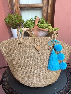 a wicker basket with blue tassels and a potted plant on top