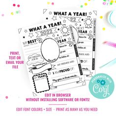 two new year's printables with the text what a year next to it