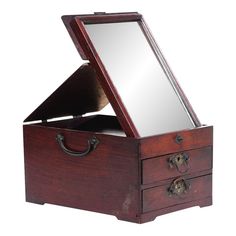 an open wooden box with a mirror on the top and drawer below it that has handles