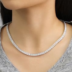 SKU : HBHB14N5004A This Simulated Diamond Necklace, Sterling Silver Necklace for Women Men, Princess CZ Stone Tennis Necklace, Tennis Chain Choker Necklace, 17" is a meticulously crafted and beautiful necklace. Specifications Metal color: 925 Sterling Silver Stone Color: Clear Stone Shape: Princess Stone Size: Available in 3 mm and 4 mm Chain: 17" Material: 925 Sterling Silver Our stones are the highest quality diamond simulants that are polished, finely cut, loupe clean, and have an exactly sim Dazzling Silver Single Strand Jewelry, Dazzling Single Strand Necklace For Gift, White Gold Cubic Zirconia Single Strand Necklace, Silver Single Strand Cubic Zirconia Necklace, Diamond White Single Strand Necklace For Gift, Formal White Necklace With Box Chain, Classic Jewelry With Cubic Zirconia Box Chain, Classic Cubic Zirconia Jewelry With Box Chain, Classic Diamond White Jewelry With Box Chain