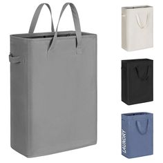 three different colored shopping bags with handles and handles, one in grey, the other in black