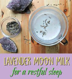 lavender moon milk for restful sleep with ingredients on the side and text overlay that reads lavender moon milk for restful sleep