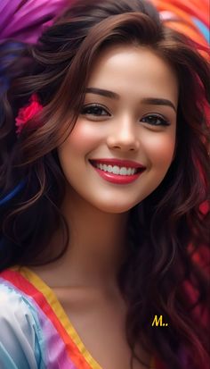 a woman with long hair wearing a colorful dress and flower in her hair, smiling at the camera