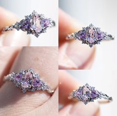 three different views of a pink diamond ring