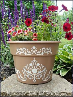 a flower pot with flowers in it sitting on a rock next to some purple and red flowers