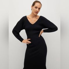 Mango Ribbed Knit Dress Nwt Puffy Sleeves Black Size Small Black Knit Midi Dress For Winter, Elegant Black Knit Dress, Winter Black Knit Midi Dress, Black Ribbed Knit Dress, Fitted V-neck Textured Knit Dresses, Fitted Textured Knit V-neck Dresses, Black Stretch Knit Midi Dress, Fitted Textured Knit Dress With V-neck, Black Knit Knee-length Dress