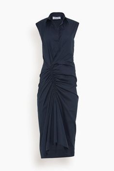 Callas Milano Sylvie Dress in Navy – Hampden Clothing Ruched Sleeveless Midi Dress For Work, Ruched Midi Length Sleeveless Dress For Work, Sleeveless Midi Dress With Gathered Skirt For Daywear, Classic Summer Ruched Midi Dress, Classic Ruched Midi Dress For Summer, Summer Workwear Dresses With Gathered Skirt, Elegant Sleeveless Dress With Gathered Skirt, Elegant Ruched Shirt Dress For Work, Workwear Midi Dress With Folds