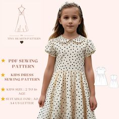 Kids Dress Sewing Pattern,Above Knee Dress,PDF Kids Dress Pattern,Kids Summer Dress Pattern,Girls Dress Sewing Pattern A0 A4 US Letter-Girl Size 2-16 Age Woven Fabric, High Waist Seam, Above Knee, Gathered Skirt, Short Puff Sleeve, Collar Peter Pan Round Neck, Back Buttoned Seam Full-Length Top Closure, Back Round Neck.This product has no lining and interlining. Kids Dress Sewing Pattern, available as an instant download (pdf) sewing pattern bundle with a range of size options, including plus si Sewing Patterns Kids Dress, Kids Dress Pattern, Pdf Sewing Patterns Kids, Kids Sewing Patterns, Ruffled Dress Pattern, Girls Dress Pattern Free, Summer Dress Pattern, Toddler Dress Patterns, Kids Summer Dresses