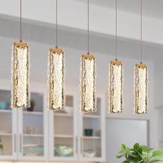 three lights hanging from a kitchen ceiling over a table with a potted plant in front of it