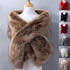 women's faux fur vests with different colors and designs on display in front of white mannequin