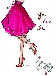 a drawing of a woman in a pink dress and high heels with christmas lights on her feet