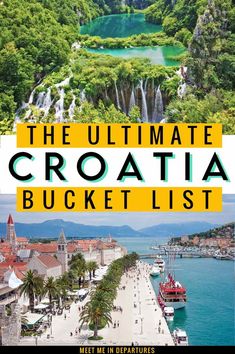 A pin for an article about Croatia bucket list. It features two different images. The top one is of Plitvice lakes so you can see bright blue water cascading down rocks surrounded by green trees. The bottom image is a waterfront town with a blue sea, a palm tree clad promenade and some boats docked at the side. What To Do In Croatia, 5 Days In Croatia, Croatia September Outfits, Croatia Must See, Best Places To Visit In Croatia, Croatia Things To Do, Croatia Travel Itinerary, Visiting Croatia, Croatia Bucket List