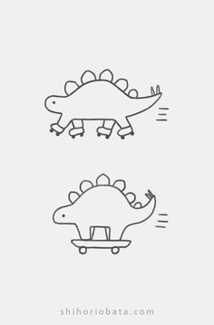 two dinosaurs are riding skateboards in the same line art style, one is black and white