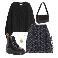 floral black skirt/ black boots/ black hoodie/ black bag / golden necklace A Skirt, Outfit Inspo Fall, Edgy Outfits, Mode Vintage, Mode Inspiration, الرسومات اللطيفة, Lookbook Outfits