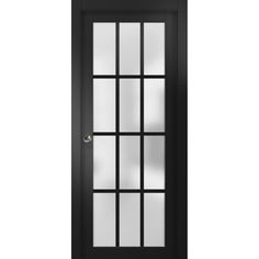 a black door with glass panels on the side