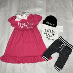 "Big sis & little bro outfits! Big sister hot pink dress & little brother bodysuit shown in black & white with personalized names! This makes a great personalized gift set! It's adorable for NB photos and perfect to bring home a new baby brother! This set will definitely be a keepsake! Big sister will love to announce a new baby brother is on the way in this adorable dress! 💜INFO: *Colors will come as shown in the main photo, Sister in hot pink & white, brother in black & white. *Both come in short sleeves unless you choose the long sleeve dress, then both dress & bodysuit come in long sleeves (unless you request a short sleeve bodysuit in the notes)  *Leave changes only in the notes with your order.  *I only use the softest and most high quality fabrics out there!  *All clothing and mate Customizable Fitted Pink Sets, Personalized Fitted Cotton Dress, Photo Sister, Big Sister Little Brother, Extra Dress, Custom Outfits, Hot Pink Dress, Sisters Dress, Brother Shirts