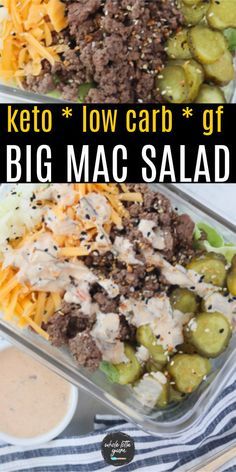 keto low carb gf big mac salad in a plastic container with cheese and olives