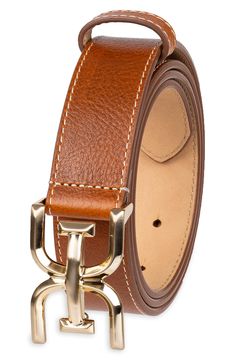 A logo-shaped buckle adds polish to this sleek leather belt that will complement your sophisticated style. 1 1/4" belt width Leather/polyurethane Imported Gold Belts With Buckle Closure For Business, Modern Business Belts, Brown Workwear Belt Buckle With Closure, Leather Belts With Buckle Closure For Office, Leather Belt With Buckle Closure For Office, Brown Belt Buckle With Buckle Closure For Formal Occasions, Brown Formal Belt Buckle With Buckle Closure, Formal Brown Belt Buckle With Buckle Closure, Formal Brown Belt Buckle With Closure