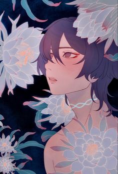 an anime character with black hair and flowers on his chest, in front of a dark background