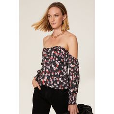 Black floral satin (100% Polyester), lining (100% Rayon). Top. Off the shoulder. Long sleeves. Back zipper closure. 19" from shoulder to hemline. Imported. Rayon Top, Rent The Runway, Closet Designs, Off The Shoulder Top, Off Shoulder Blouse, Black Floral, Strapless Top, Shoulder Top, Off The Shoulder