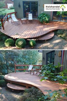 two pictures of a wooden deck in the yard