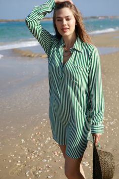 "Green Striped Loose Tunic Dress for Beach, Women's Oversize Cover-Up Top, Boyfriend Shirt Dress, Collared Long Sleeves Buttoned Tunic Top a beautiful collared shirt dress, lightweight oversize Beach Tunic Dress.  With Long Sleeves, a Cover Up in a Boyfriend Shirt design is perfect for your next Vacation Resort Dress. Features: * Oversized fit * One button in the neckline * Buttons at the end of sleeves * Long sleeves * Collared V Neckline * Side slits * Two side pockets Material - the dress is made of Rayon, natural fiber, and is lightweight Color - available in more colors - https://etsy.me/43JjdL5 SIZES: Available in 3 sizes -  S size: Bust: up to 38'' (95 cm) Hips: up to 39'' (100 cm) Front Length: 33'' (84 cm) Back Length: 35\" (89 cm) M size: Bust: up to 41'' (102 cm) Hips: up to 42. Striped Long Sleeve Summer Blouse, Striped V-neck Shirt Dress For Beach, Striped Relaxed Fit Blouse For Beach, Striped Relaxed Fit Shirt Dress For Summer, Striped Long Sleeve Blouse For Vacation, Striped Relaxed Fit Dress For Vacation, Oversized V-neck Shirt Dress For Beach, Oversized V-neck Shirt Dress For The Beach, Green Long Sleeve Blouse For Vacation