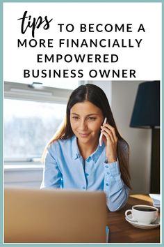 a woman talking on her cell phone while sitting at a desk with a laptop and coffee