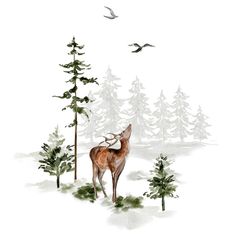 a deer standing in the middle of a forest with birds flying above it and trees