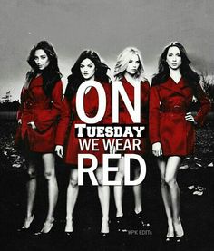 three women in red dresses standing next to each other with the words on tuesday we wear red