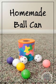 homemade ball can on the floor with balls around it and text overlay that says homemade ball can