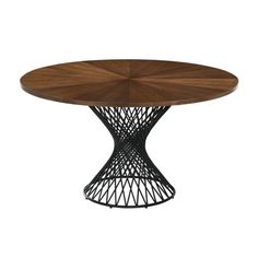 a round wooden table with black metal legs and a wood top on an isolated white background