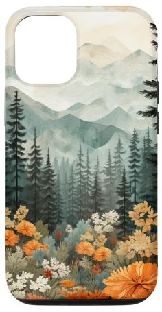 a phone case with flowers and mountains in the background