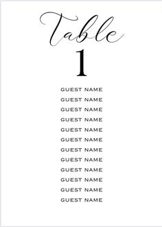 a table number card with the names and numbers in black ink on white paper,